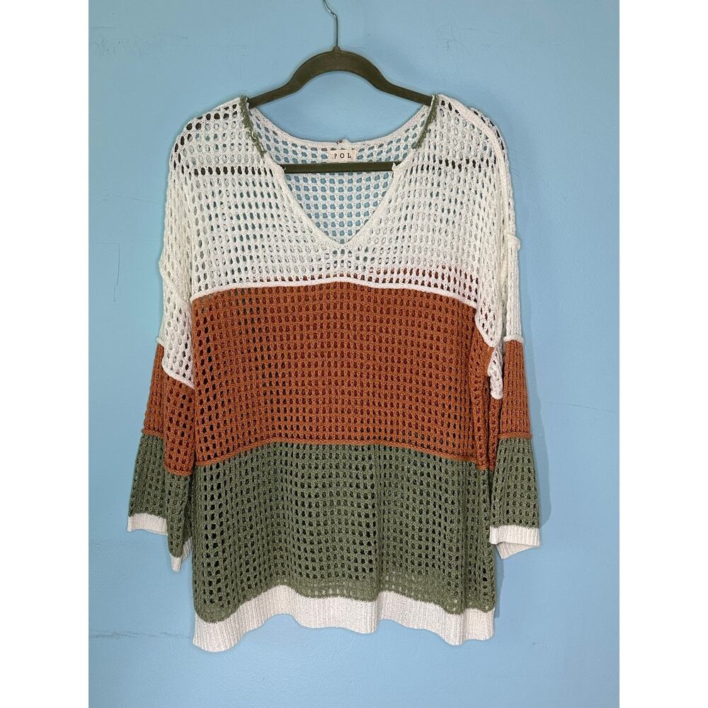 POL colorful open knit oversized knit sweater color block resort. beachy, Size S